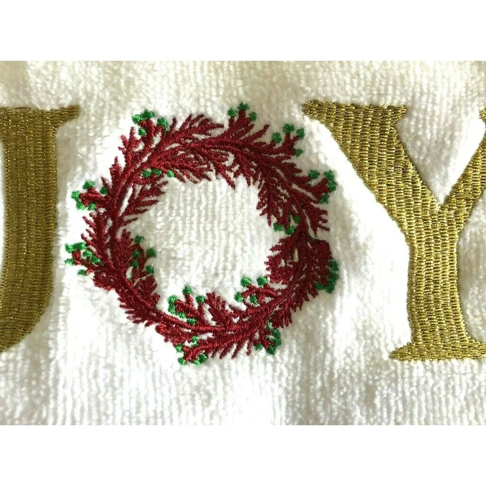 Christmas Joy Wreath Hand Towels Holiday Embroidered White Gold Winter Set of 2